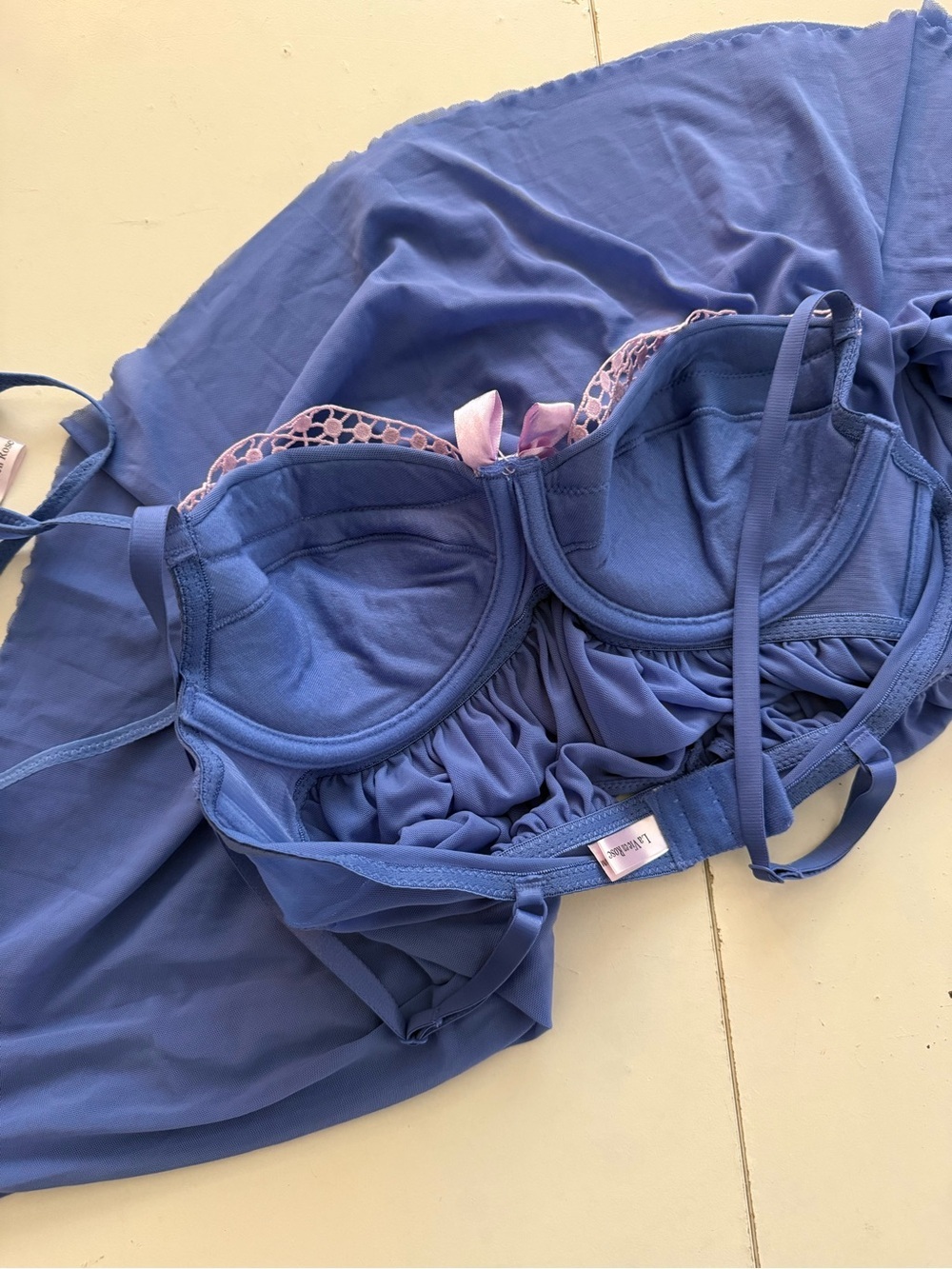 NWOT La Vie en Rose Blue Babydoll Lingerie Set Sparkle Lace Bow Romantic Sexy M - Picture 6 of 7